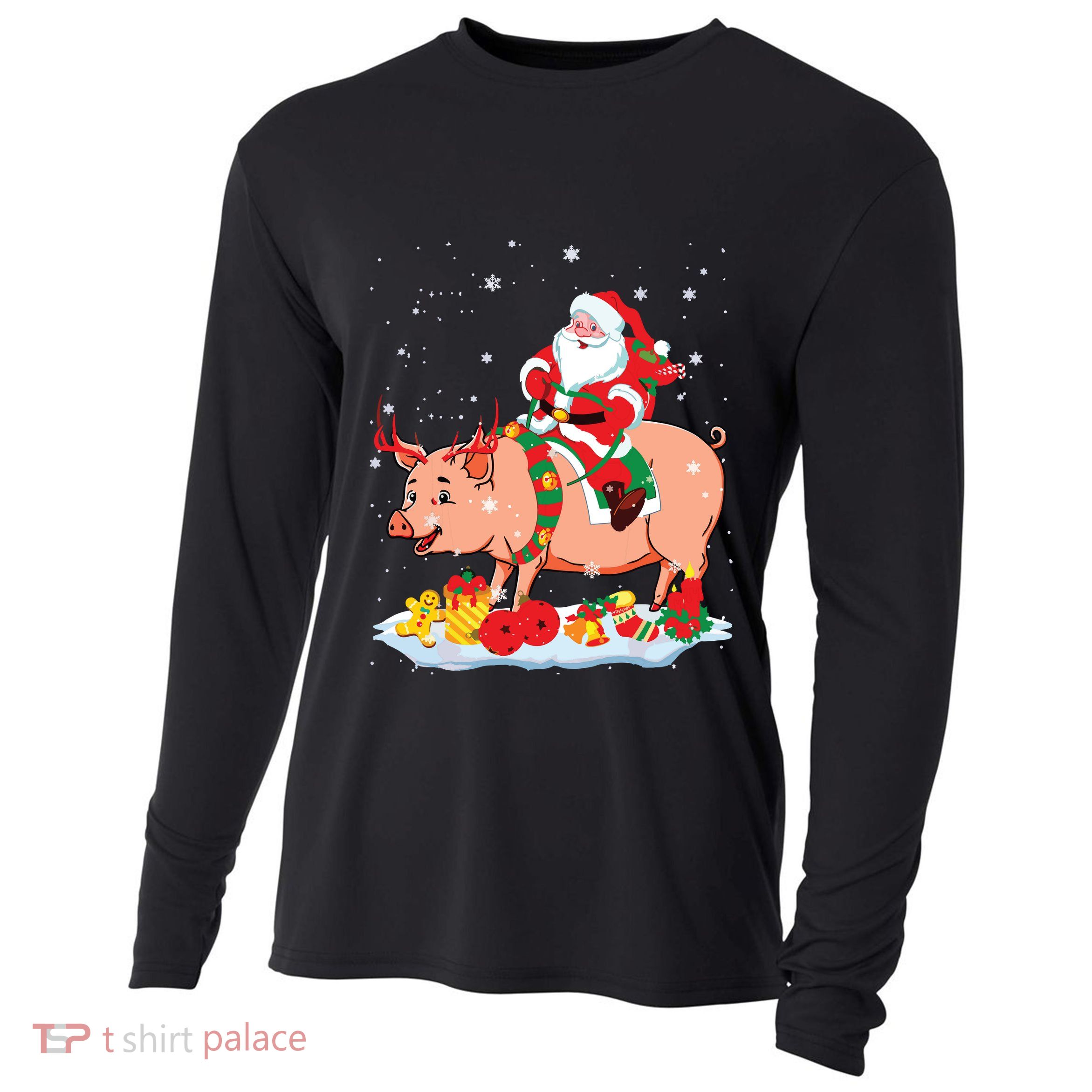 Santa Riding Reindeer Pig Xmas Pig Farmer Lover Cooling Performance Long Sleeve Crew