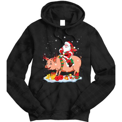 Santa Riding Reindeer Pig Xmas Pig Farmer Lover Tie Dye Hoodie