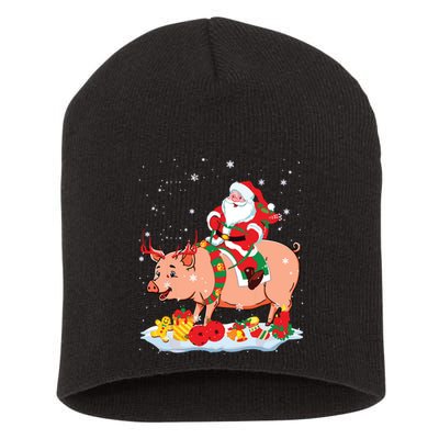 Santa Riding Reindeer Pig Xmas Pig Farmer Lover Short Acrylic Beanie
