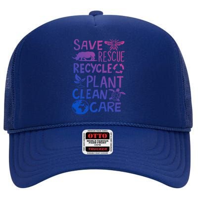 Save Rescue Recycle Plant Clean Care Global Warming Funny Gift High Crown Mesh Back Trucker Hat