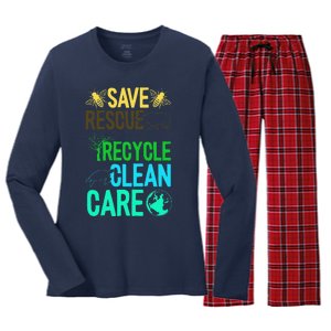 Save Rescue Recycle Earth Day Nature Lover Environmentalist Women's Long Sleeve Flannel Pajama Set 