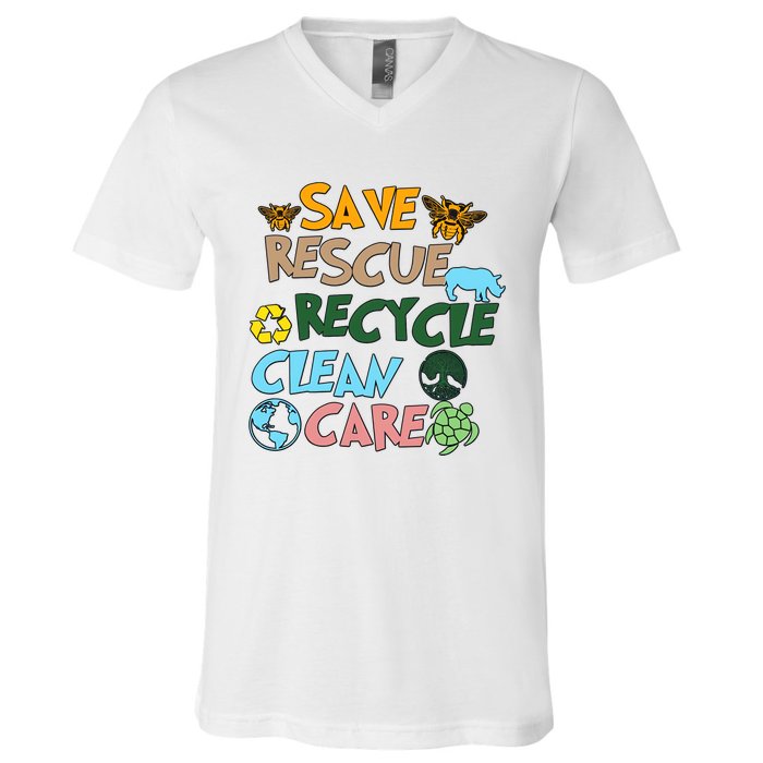 Save Rescue Recycle Clean Care Earth Save The Earth Floral Earth Awareness V-Neck T-Shirt