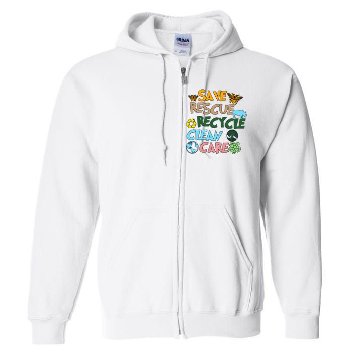 Save Rescue Recycle Clean Care Earth Save The Earth Floral Earth Awareness Full Zip Hoodie