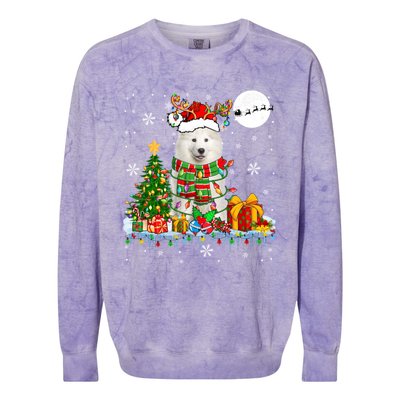 Santa Reindeer Samoyed Christmas Tree Lights Dog Lover Owner Cool Gift Colorblast Crewneck Sweatshirt