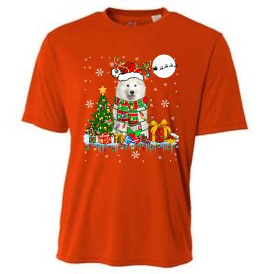 Santa Reindeer Samoyed Christmas Tree Lights Dog Lover Owner Cool Gift Cooling Performance Crew T-Shirt