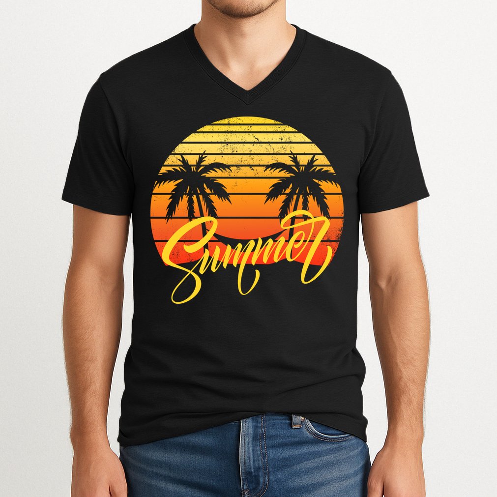 Summer Retro Sunset Tropical V-Neck T-Shirt