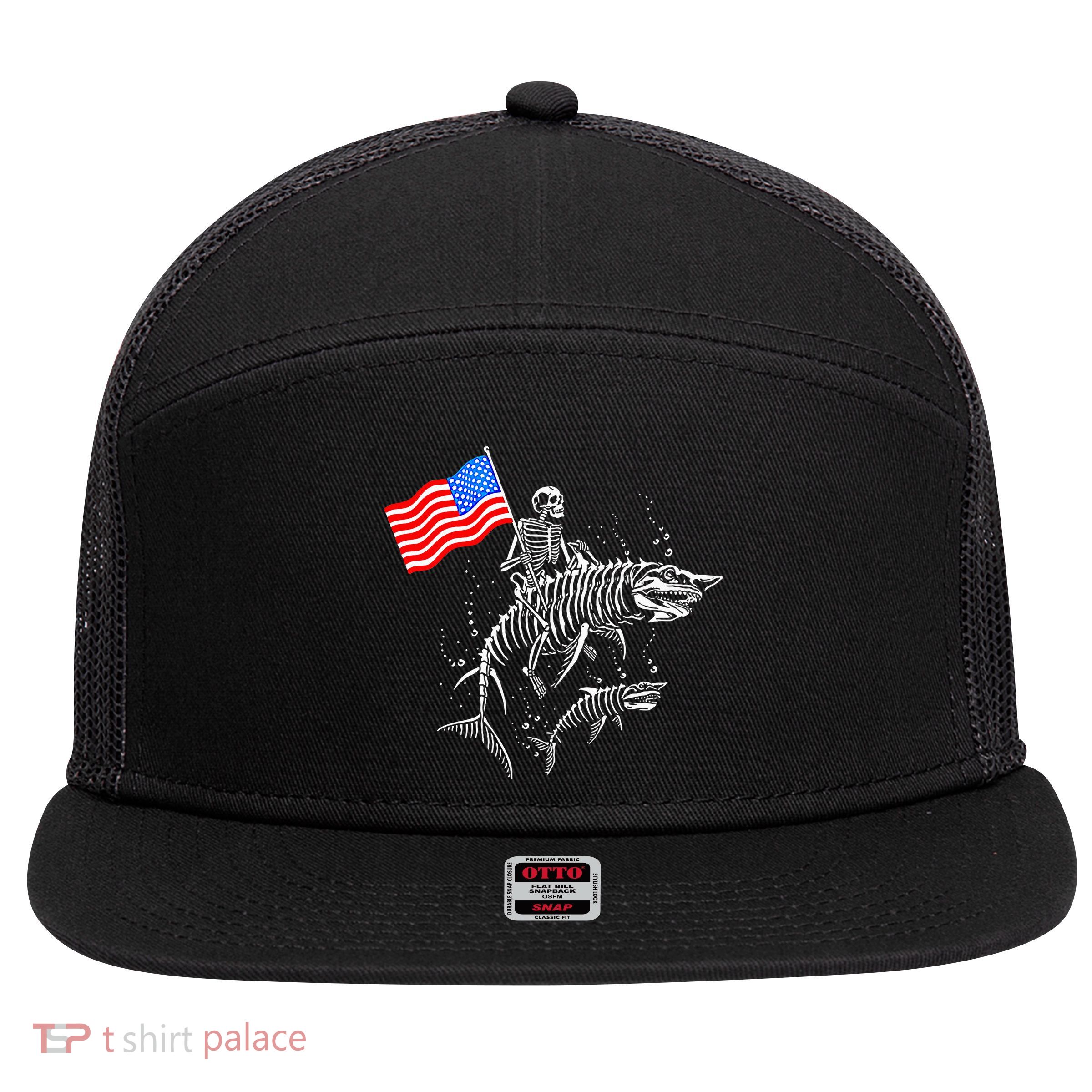 Skeleton Ride Shark 4th Of July 7 Panel Mesh Trucker Snapback Hat