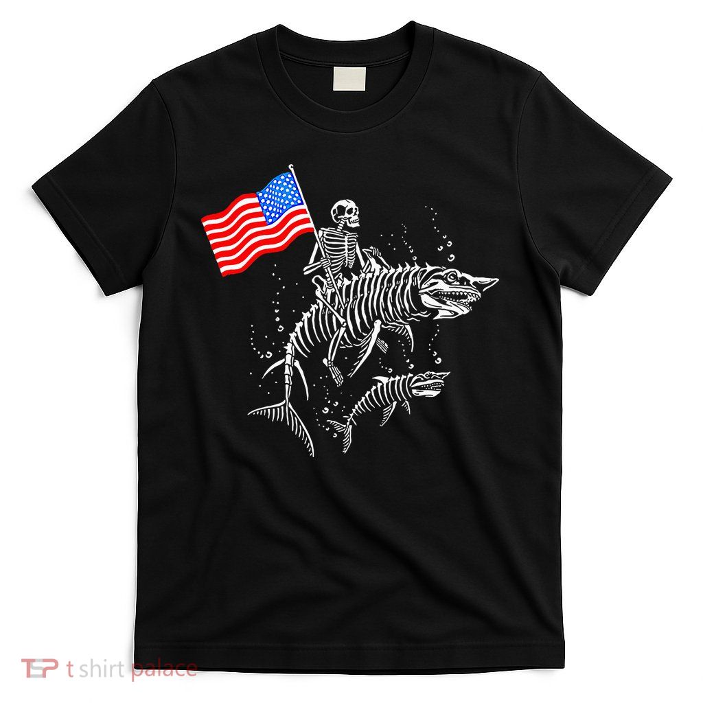 Skeleton Ride Shark 4th Of July T-Shirt
