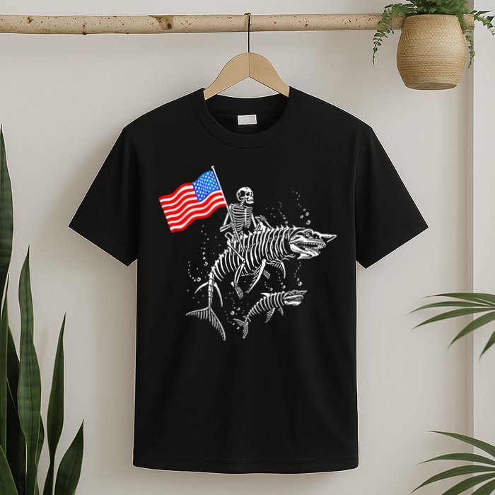 Skeleton Ride Shark 4th Of July T-Shirt