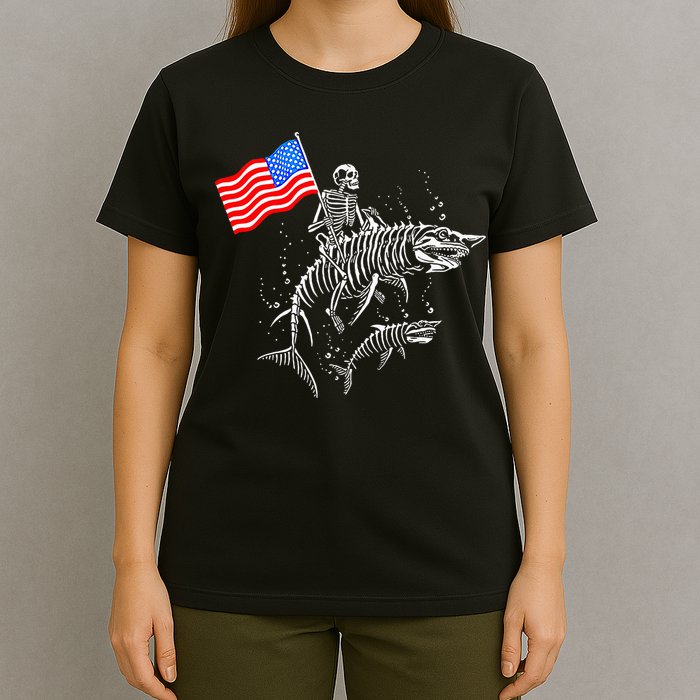 Skeleton Ride Shark 4th Of July T-Shirt