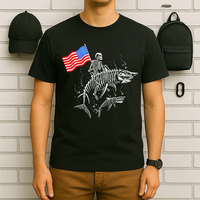 Skeleton Ride Shark 4th Of July T-Shirt