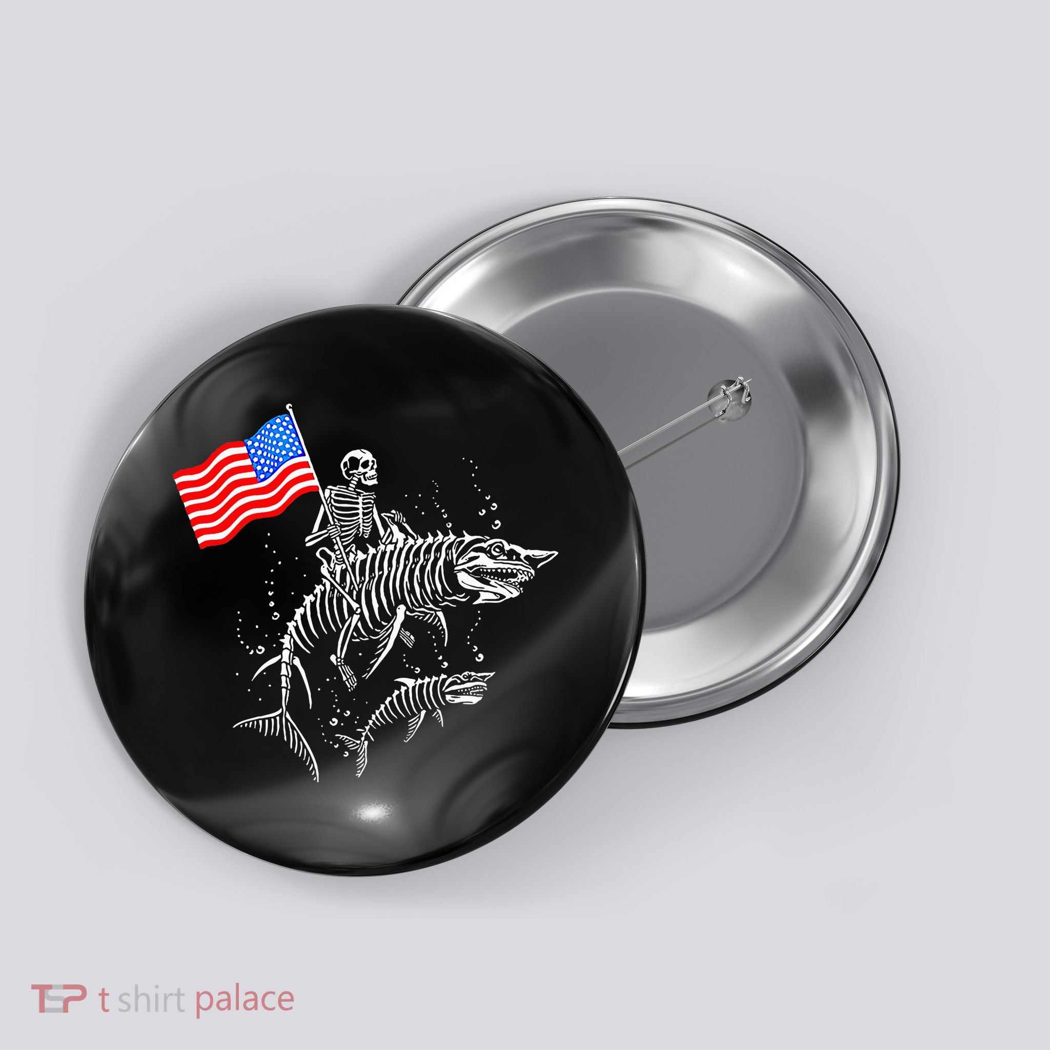 Skeleton Ride Shark 4th Of July Button