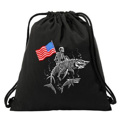 Skeleton Ride Shark 4th Of July Drawstring Bag