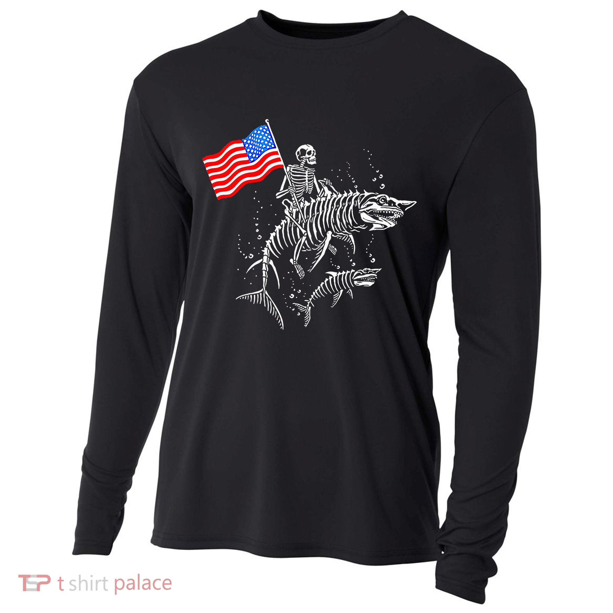Skeleton Ride Shark 4th Of July Cooling Performance Long Sleeve Crew