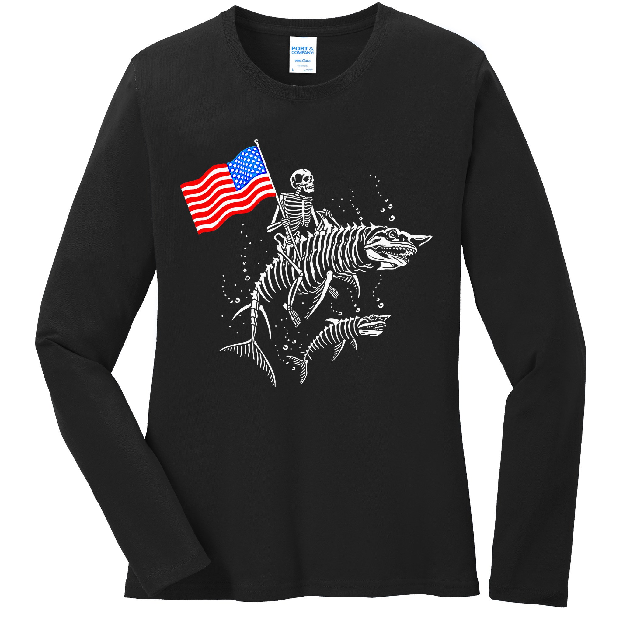 Skeleton Ride Shark 4th Of July Ladies Long Sleeve Shirt