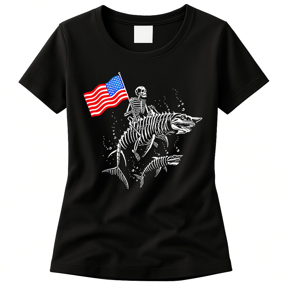 Skeleton Ride Shark 4th Of July Womens T-Shirt