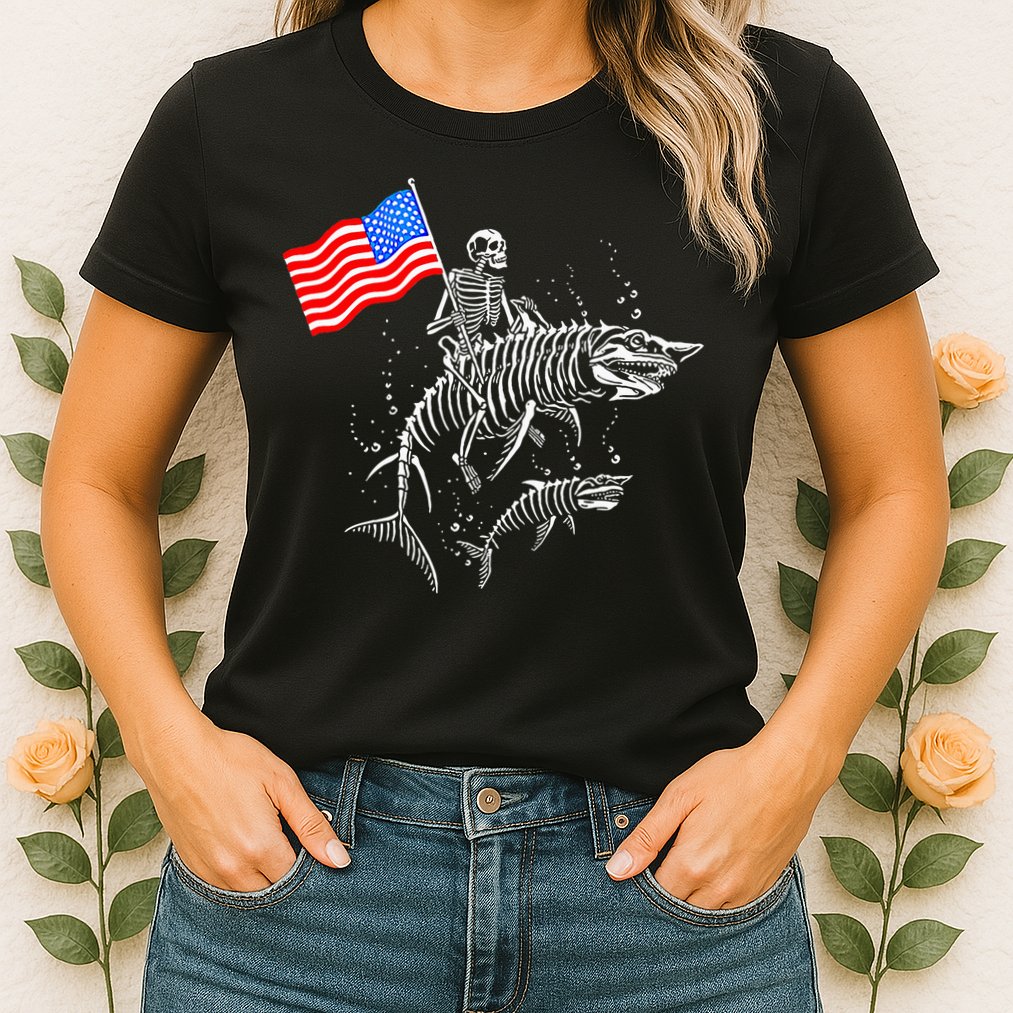 Skeleton Ride Shark 4th Of July Womens T-Shirt