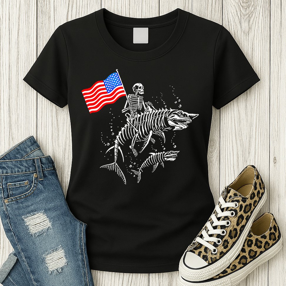 Skeleton Ride Shark 4th Of July Womens T-Shirt