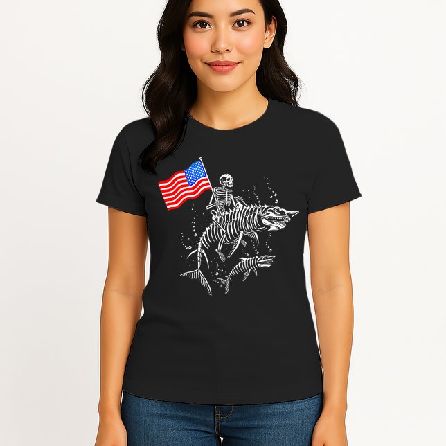 Skeleton Ride Shark 4th Of July Womens T-Shirt