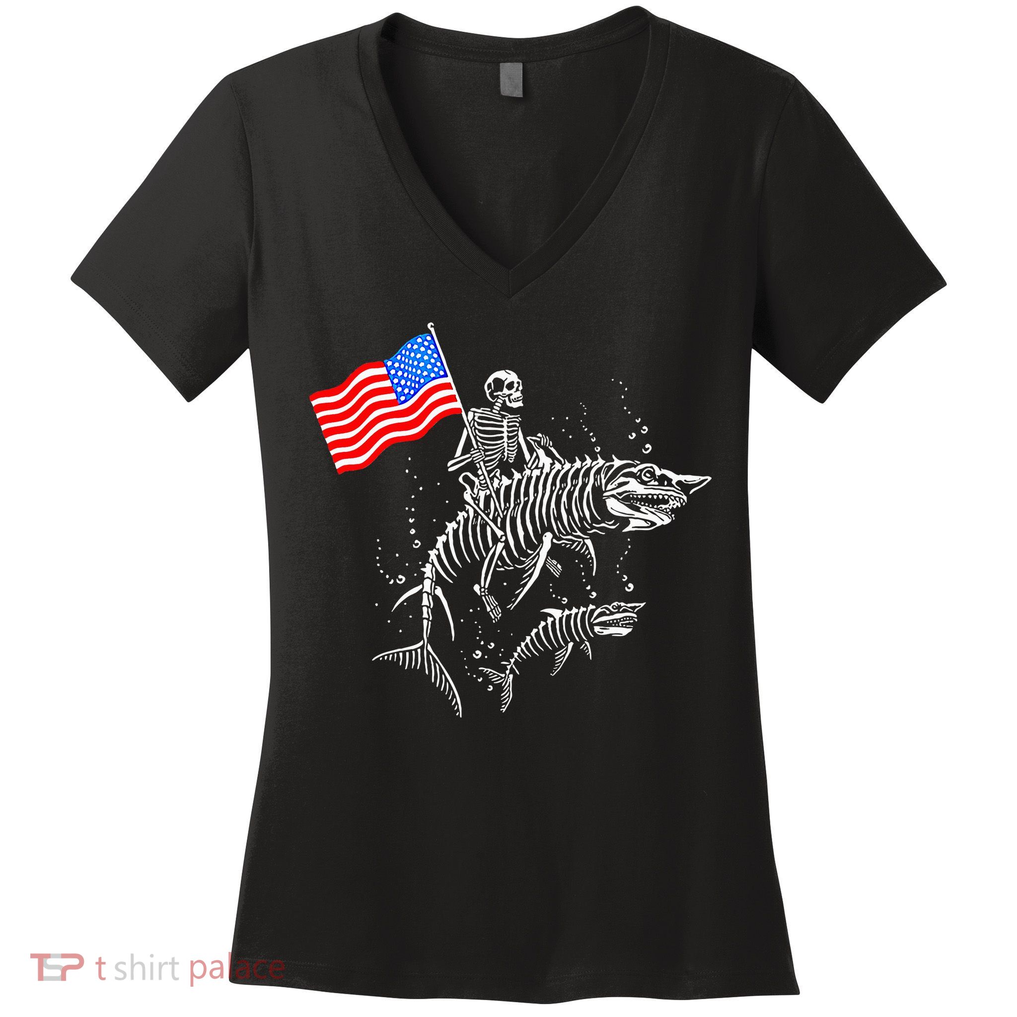 Skeleton Ride Shark 4th Of July Women's V-Neck T-Shirt