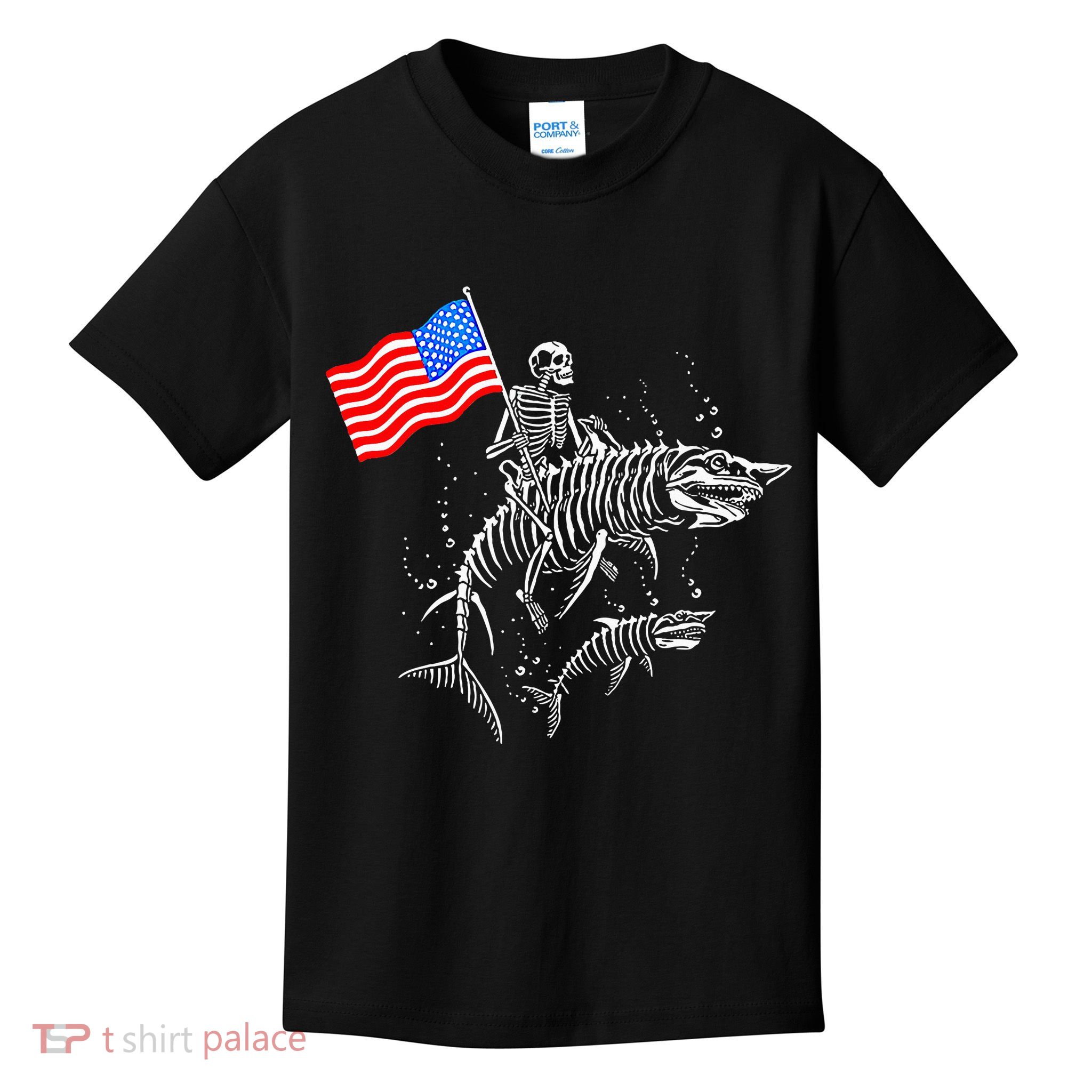 Skeleton Ride Shark 4th Of July Kids T-Shirt
