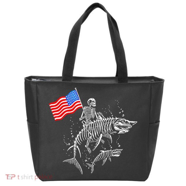 Skeleton Ride Shark 4th Of July Zip Tote Bag