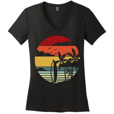 Surfing Retro Surfboard Surfer Surfers Waves Surfing Women's V-Neck T-Shirt