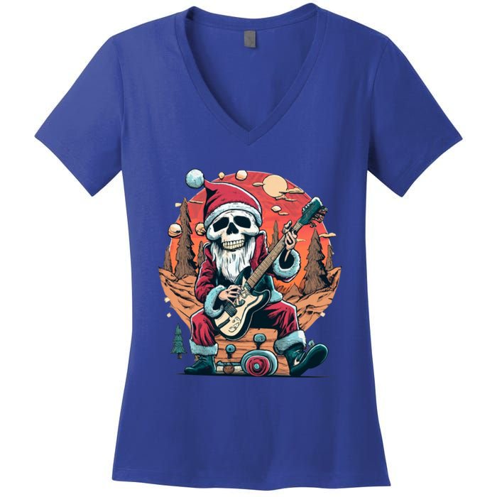 Skeleton Rocker Santa Halloween Vintage Retro Design Funny Gift Women's V-Neck T-Shirt