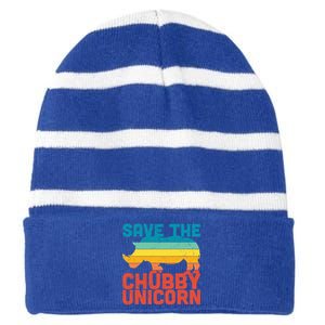 Sunset Retro Save The Chubby Unicorn Rhino Funny Gift Striped Beanie with Solid Band