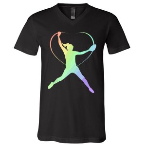 Soft Rainbow Softball Gifts For Teen Girl Pitcher Patterned V-Neck T-Shirt