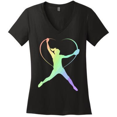 Soft Rainbow Softball Gifts For Teen Girl Pitcher Patterned Women's V-Neck T-Shirt
