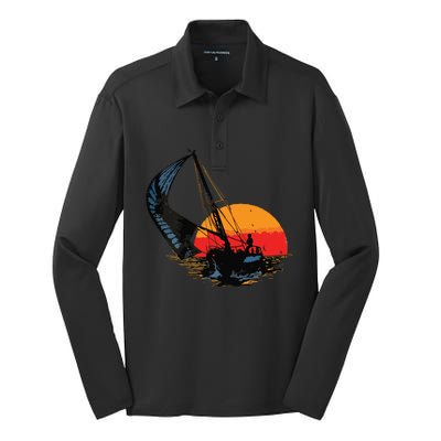 Sailing Retro Sailor Ship Sailboat Vintage Wingsail Silk Touch Performance Long Sleeve Polo