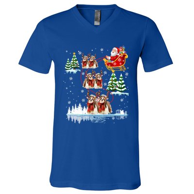 Santa Riding Shih Tzu Reindeer Christmas Pajama Matching Cool Gift V-Neck T-Shirt