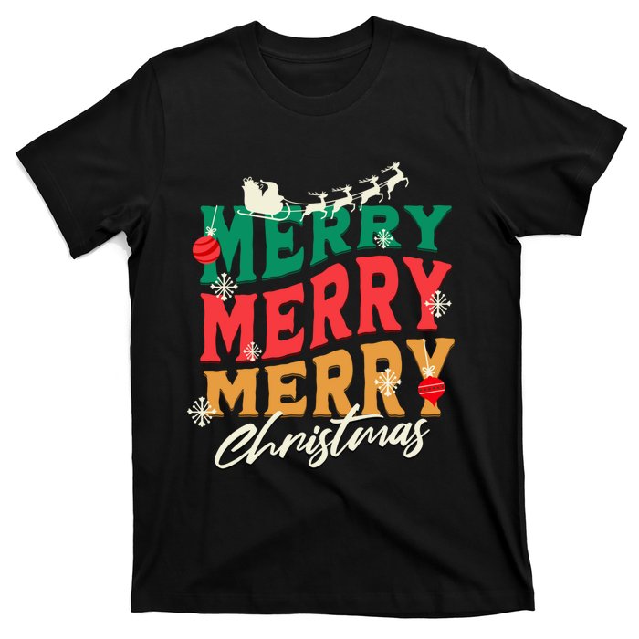 Santa Reindeer Snowflakes Cute Gift Merry Merry Merry Christmas T-Shirt