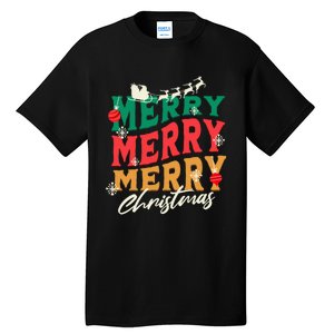 Santa Reindeer Snowflakes Cute Gift Merry Merry Merry Christmas Tall T-Shirt