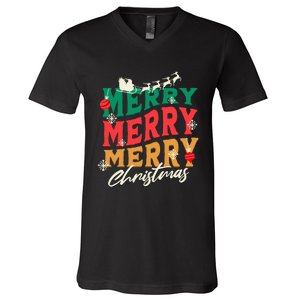 Santa Reindeer Snowflakes Cute Gift Merry Merry Merry Christmas V-Neck T-Shirt