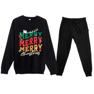 Santa Reindeer Snowflakes Cute Gift Merry Merry Merry Christmas Premium Crewneck Sweatsuit Set