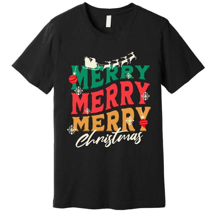 Santa Reindeer Snowflakes Cute Gift Merry Merry Merry Christmas Premium T-Shirt