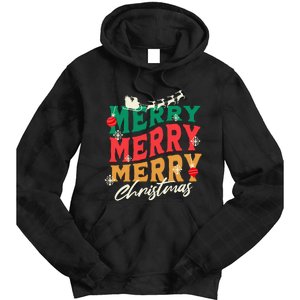 Santa Reindeer Snowflakes Cute Gift Merry Merry Merry Christmas Tie Dye Hoodie