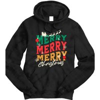 Santa Reindeer Snowflakes Cute Gift Merry Merry Merry Christmas Tie Dye Hoodie