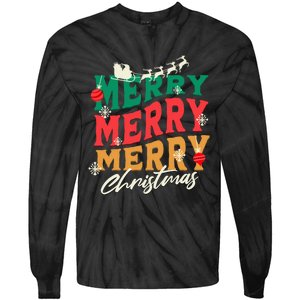 Santa Reindeer Snowflakes Cute Gift Merry Merry Merry Christmas Tie-Dye Long Sleeve Shirt