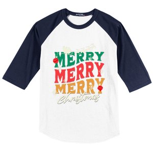 Santa Reindeer Snowflakes Cute Gift Merry Merry Merry Christmas Baseball Sleeve Shirt