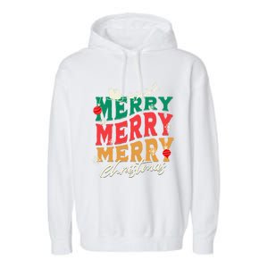 Santa Reindeer Snowflakes Cute Gift Merry Merry Merry Christmas Garment-Dyed Fleece Hoodie