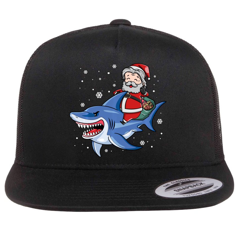 Santa Riding Shark Christmas Pajamas Flat Bill Trucker Hat