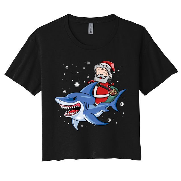 Santa Riding Shark Christmas Pajamas Women's Crop Top Tee