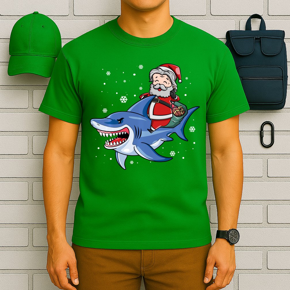Santa Riding Shark Christmas Pajamas T-Shirt