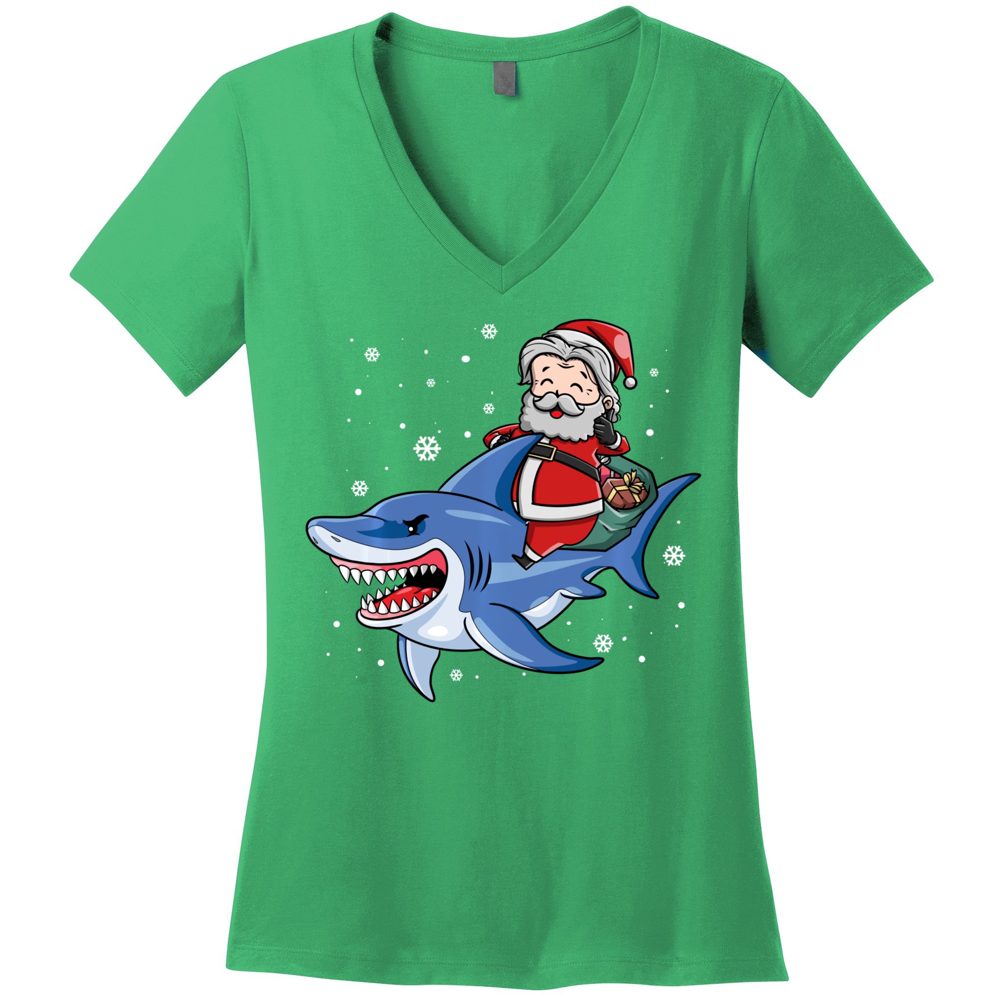 Santa Riding Shark Christmas Pajamas Women's V-Neck T-Shirt