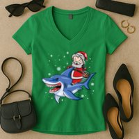 Santa Riding Shark Christmas Pajamas Women's V-Neck T-Shirt
