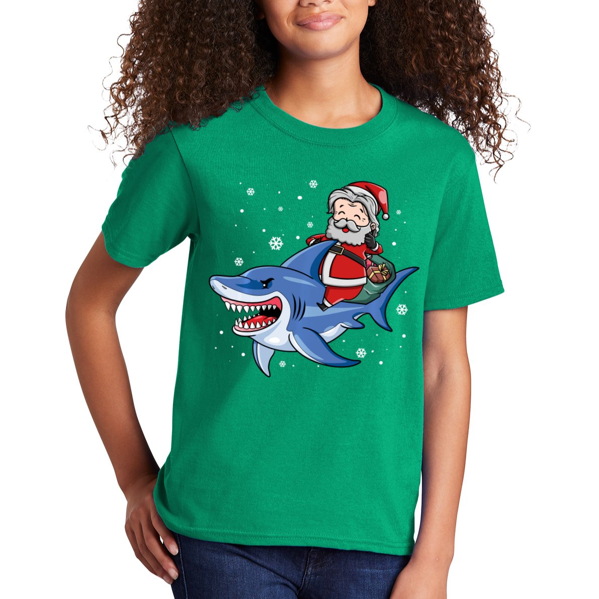 Santa Riding Shark Christmas Pajamas Kids T-Shirt
