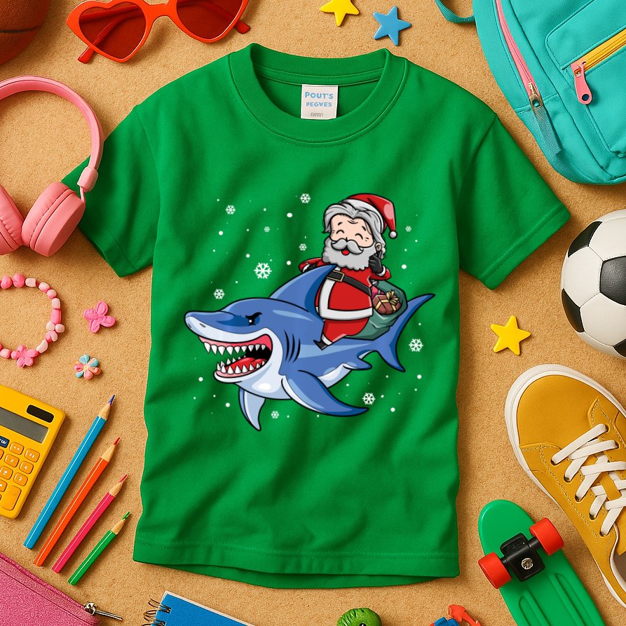 Santa Riding Shark Christmas Pajamas Kids T-Shirt